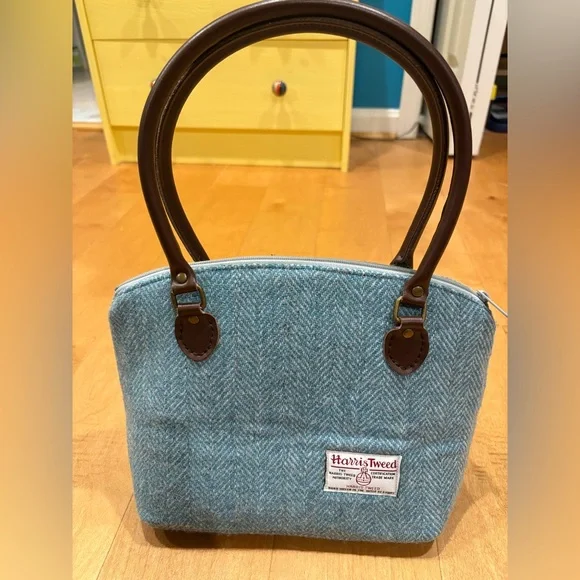 Harris Tweed Scotland wool small satchel bag turquoise blue - Picture 1 of 7